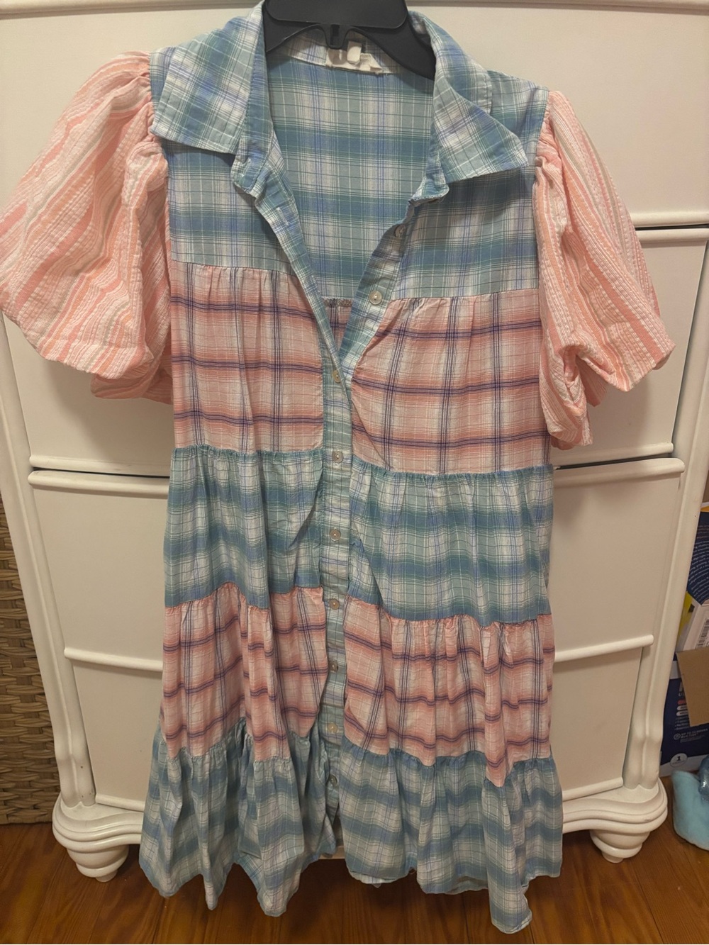 entro Pastel Plaid Tiered Button-Front Dress in Blue and Pink